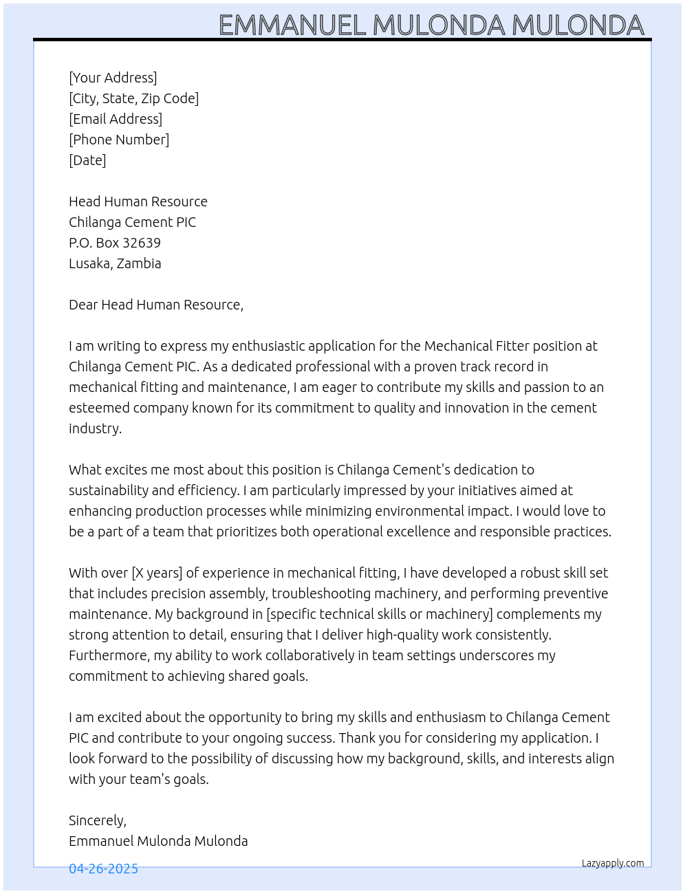Mechanical Fitter At Chilanga Cement PIc. P.O. Box 32639, Lusaka, Zambia, Cover Letter