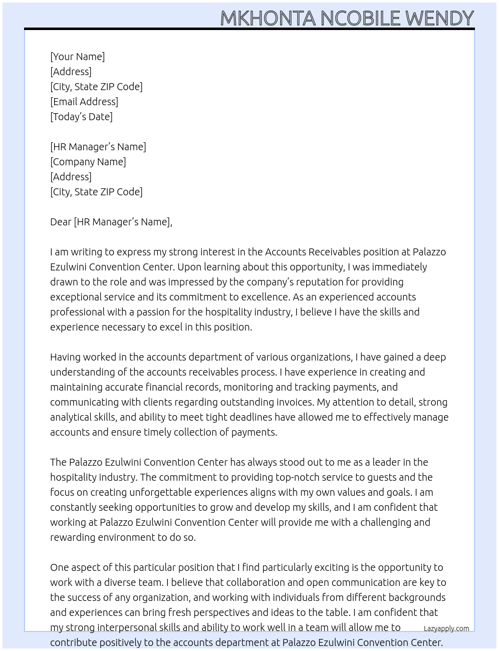 Cover letter for accounts receivables - LazyApply