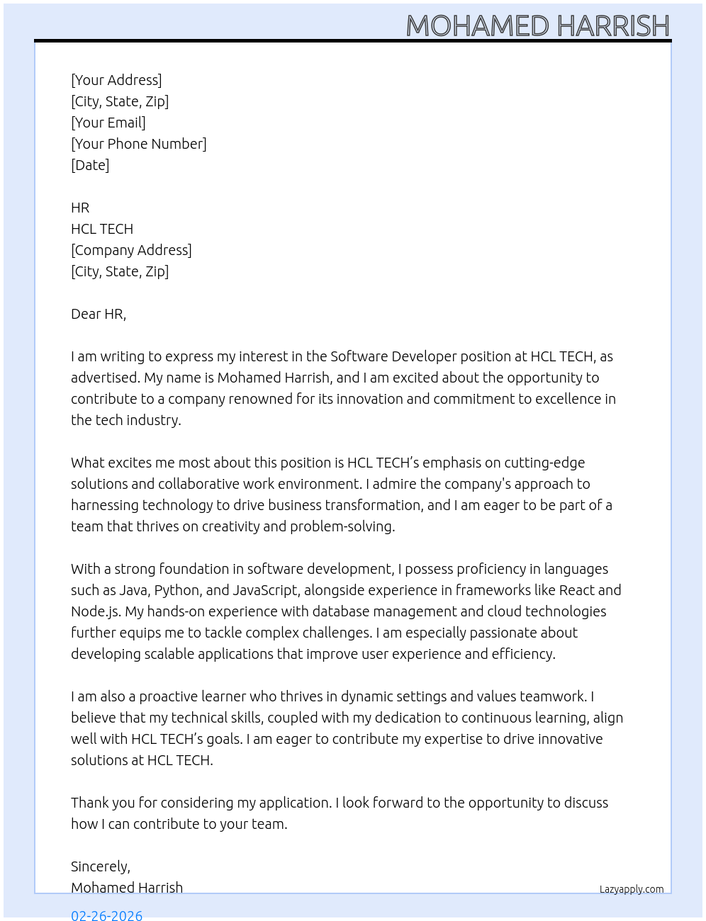 software developer At HCL TECH Cover Letter
