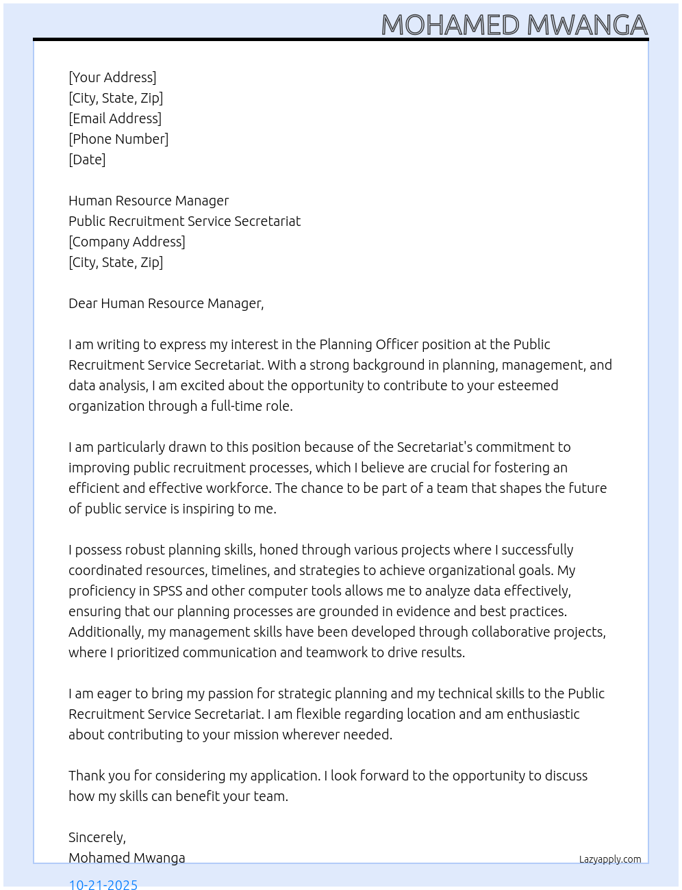 Planning officer At public recruitment service secretariat Cover Letter