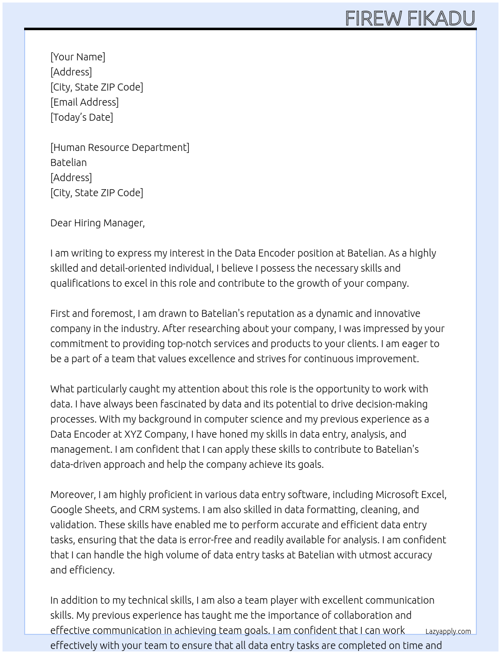Data Encoder At Batelian Cover Letter