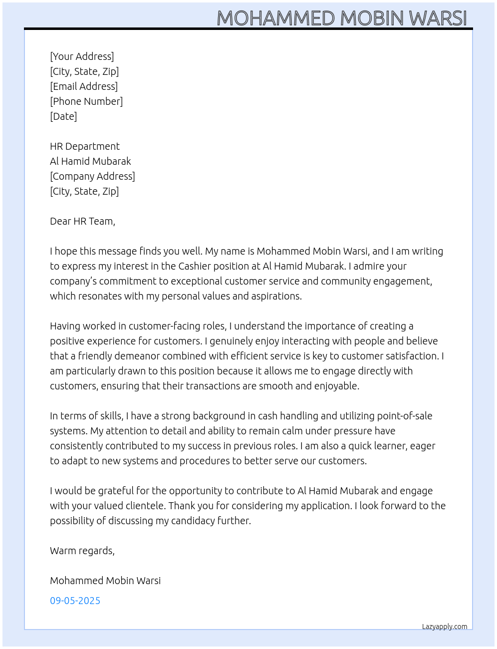 Cashier At Al hamid mubarak Cover Letter