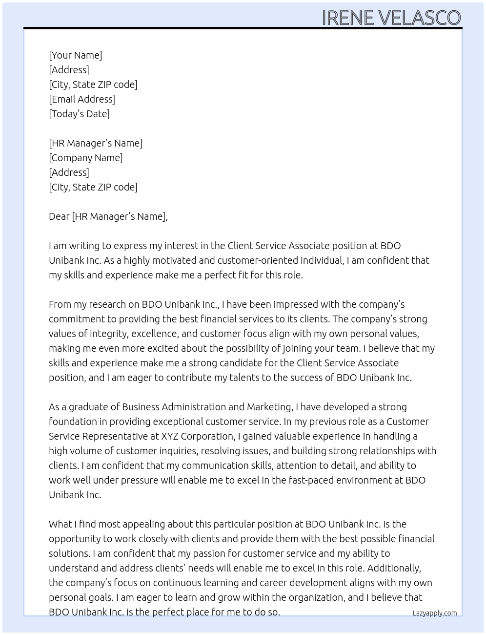 client service associate  At BDO Unibank Inc Cover Letter
