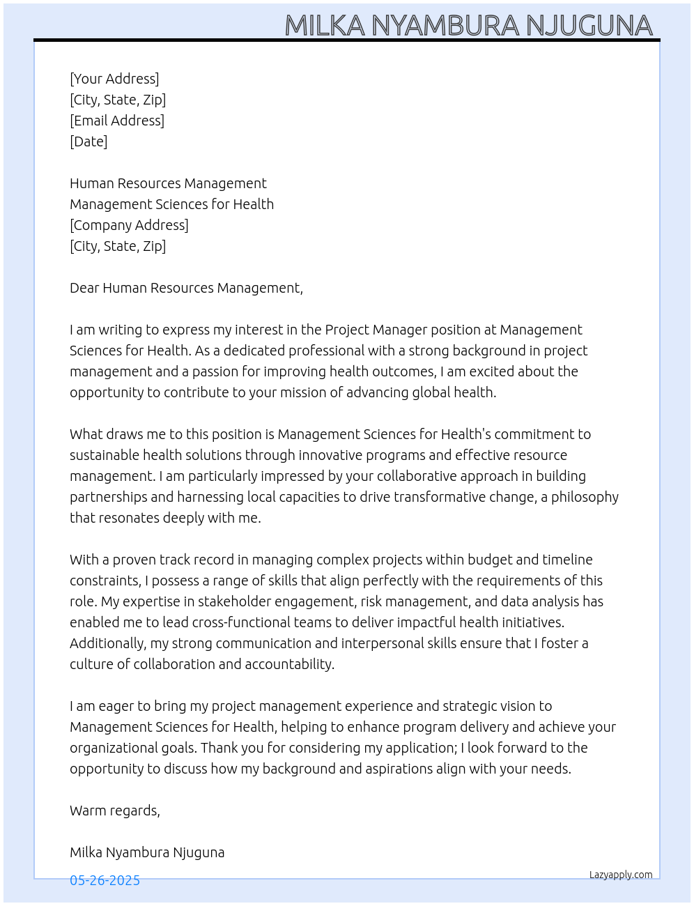 Project Manager At Management Sciences for Health Cover Letter