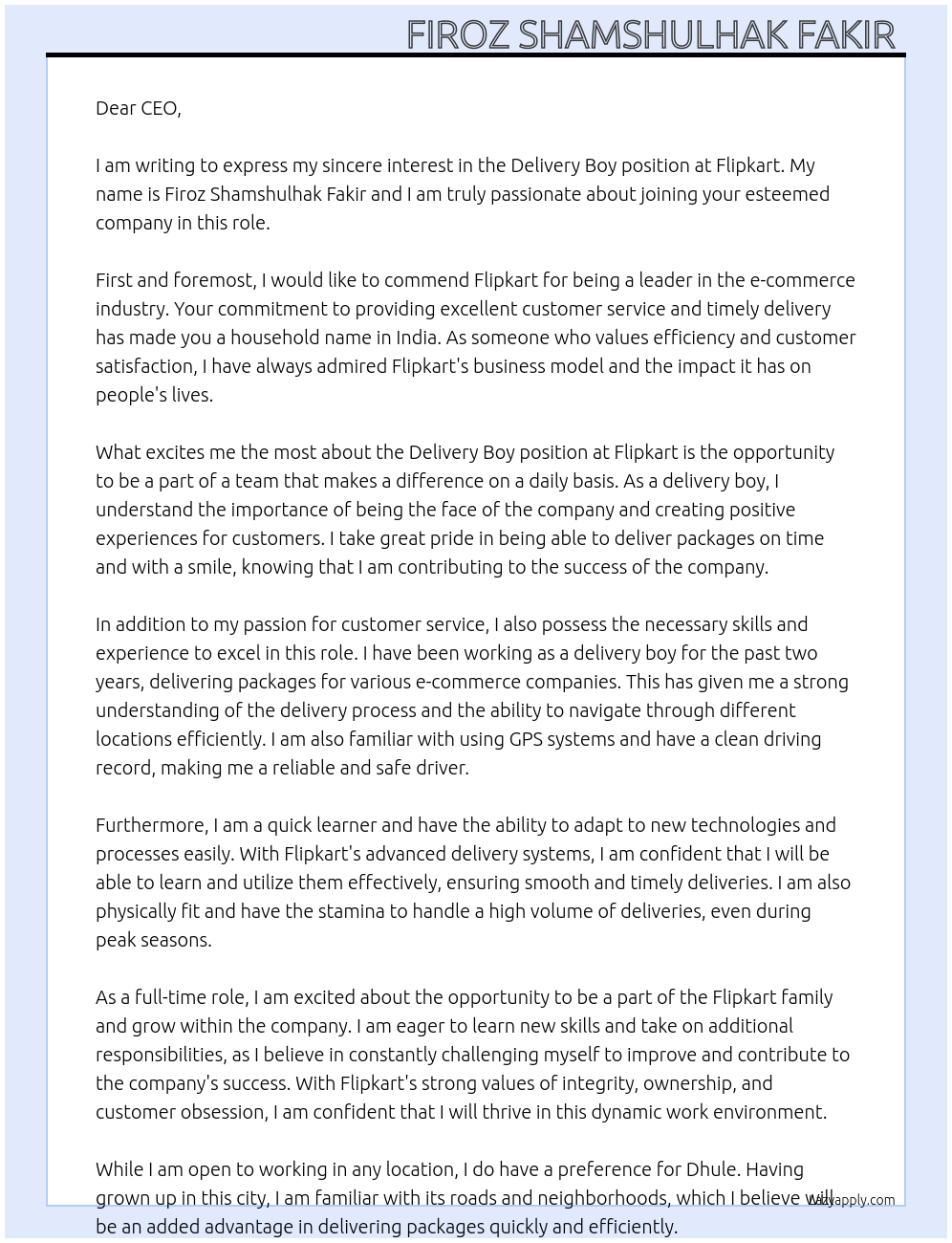 Delivery boy At Flipkart Cover Letter