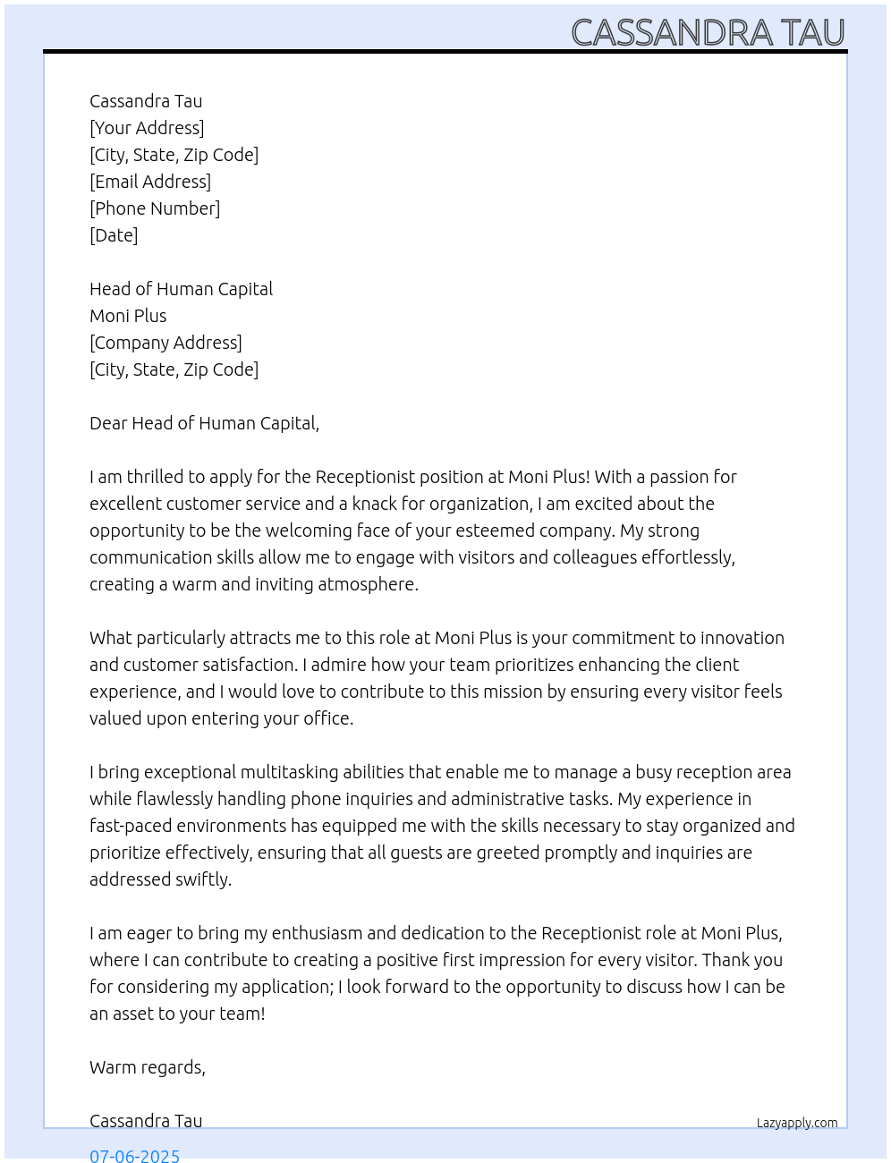 Receptionist At Moni Plus Cover Letter