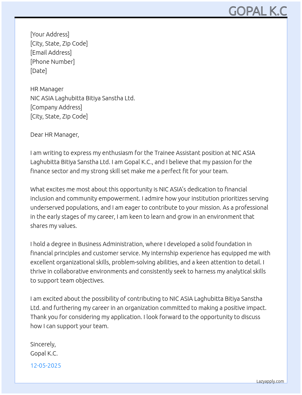 Cover letter for trainee assistant - LazyApply