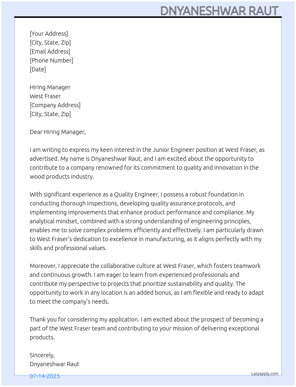 Engineer At West fraser Cover Letter