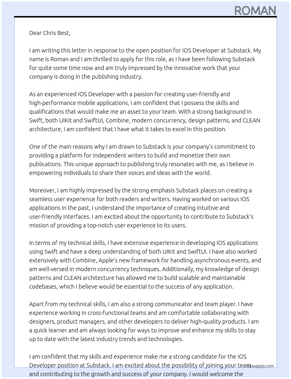 iOS Developer At Substack Cover Letter
