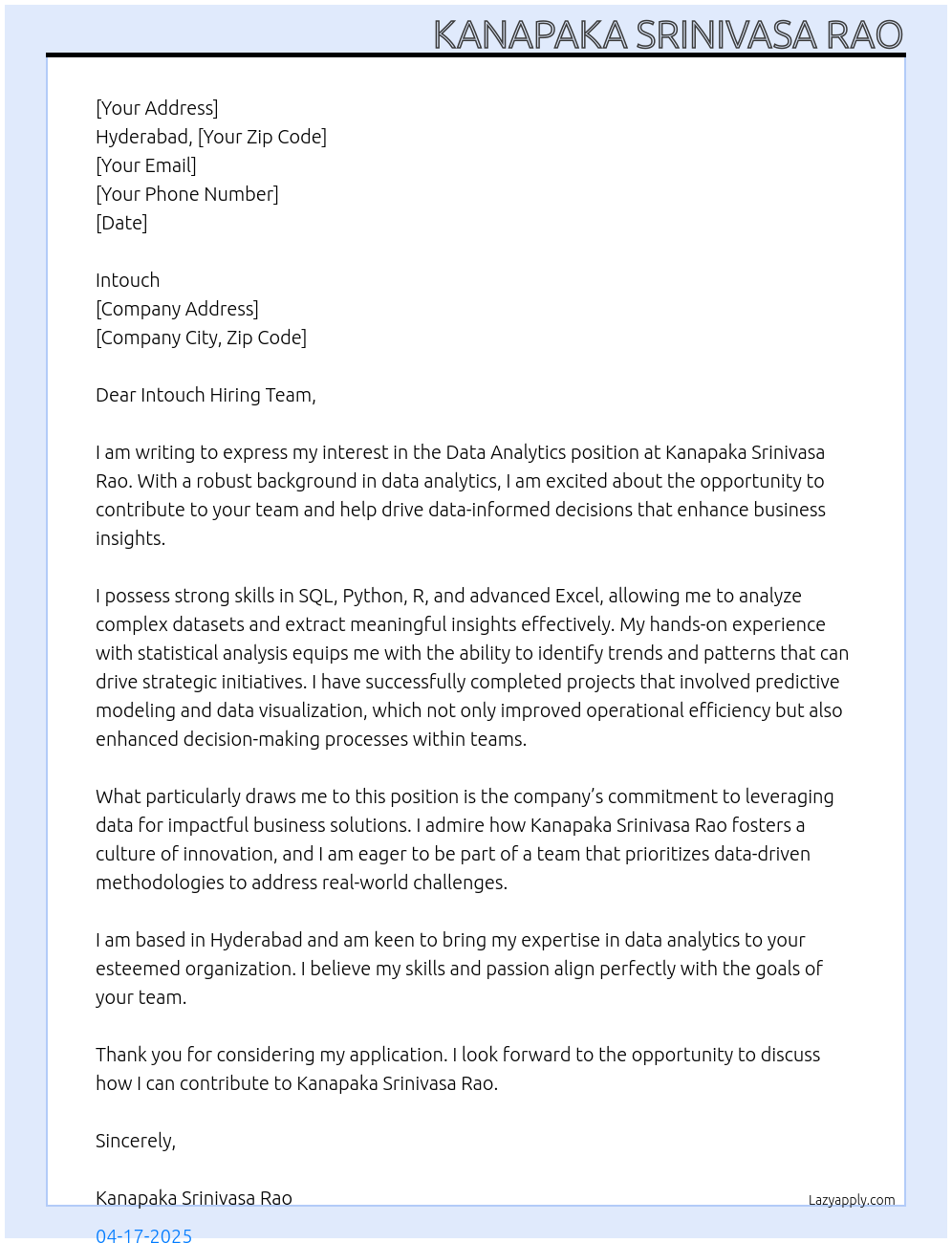 Data analytics  At Kanapaka Srinivasa rao Cover Letter