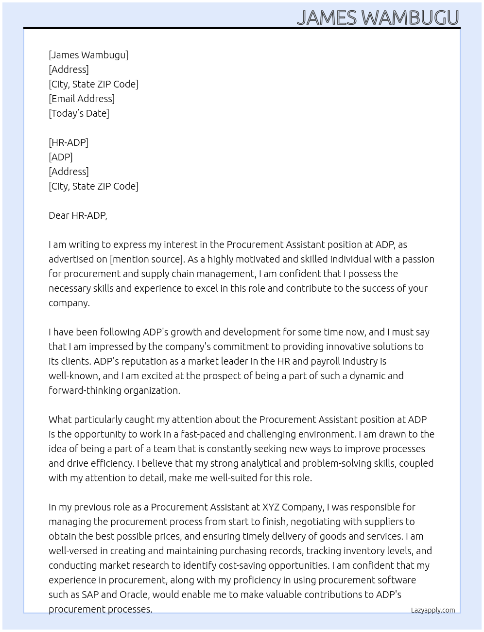 PROCUREMENT ASSISTANT At ADP Cover Letter