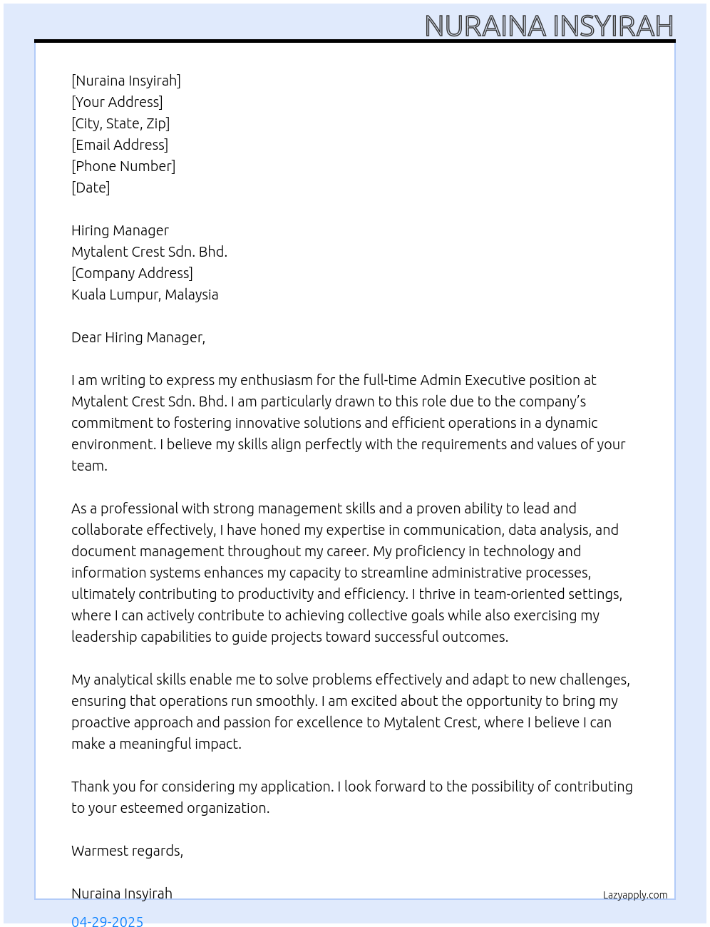 Cover letter for admin executive - LazyApply