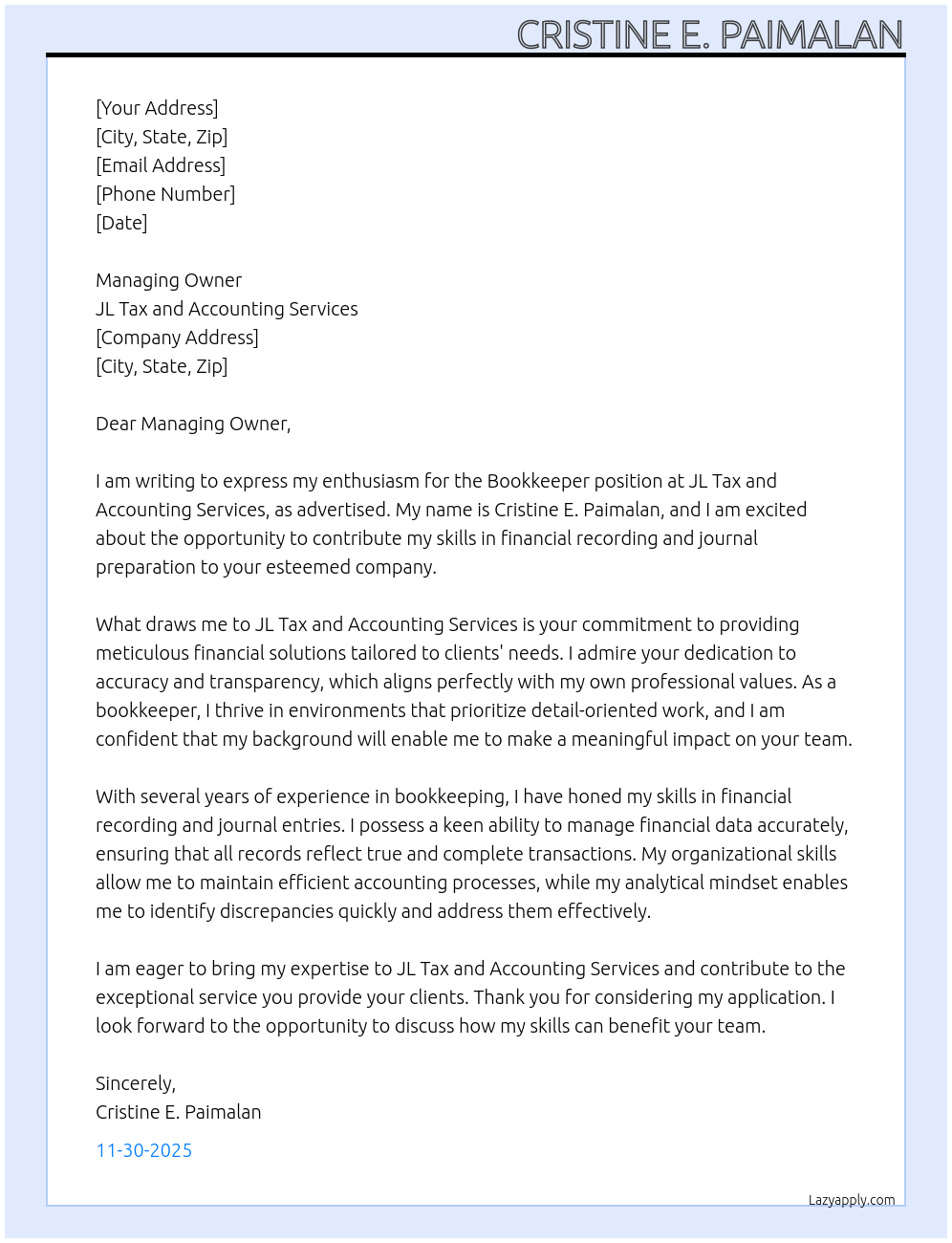 Cover letter for bookkeeper - LazyApply