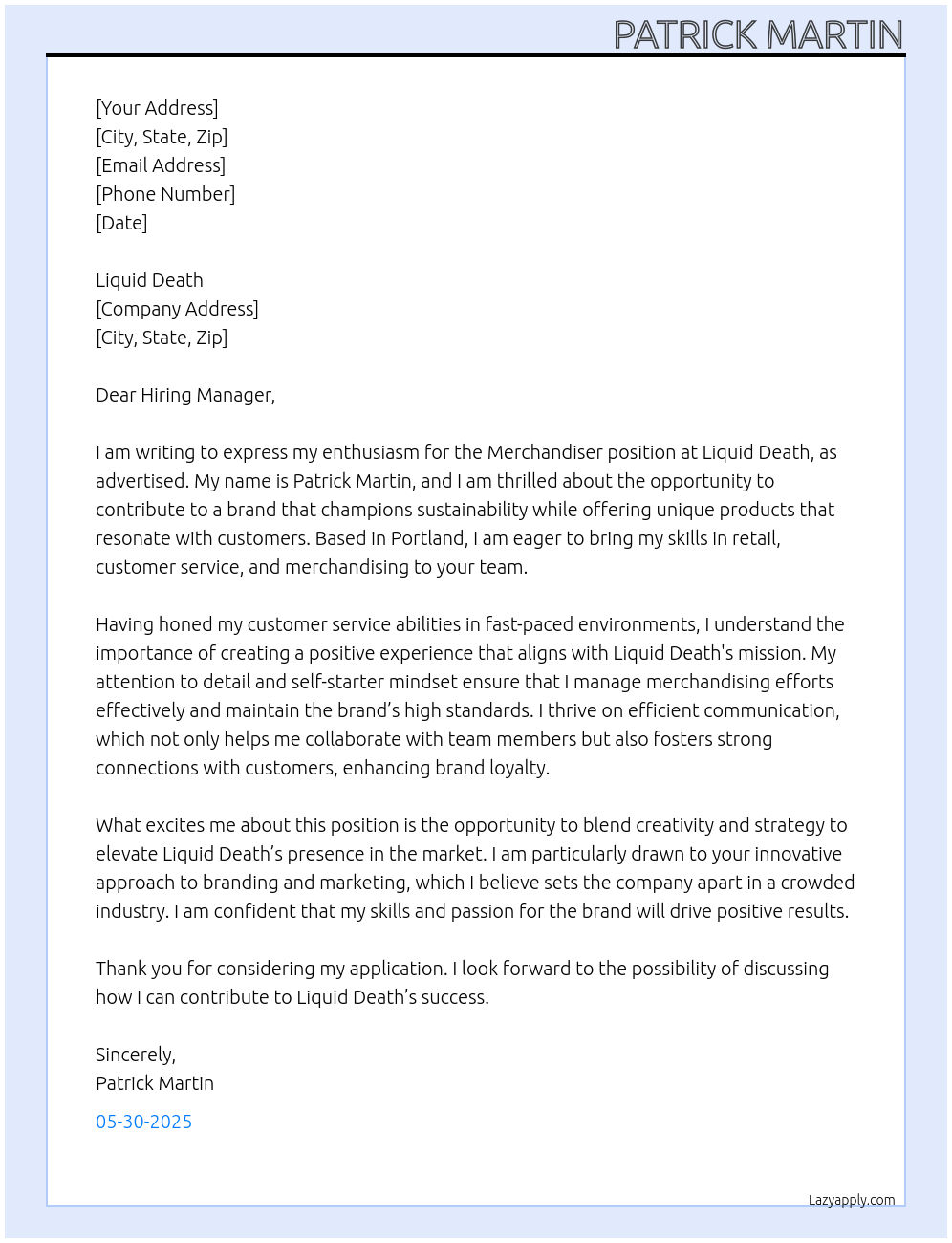 Merchandiser At Liquid Death Cover Letter