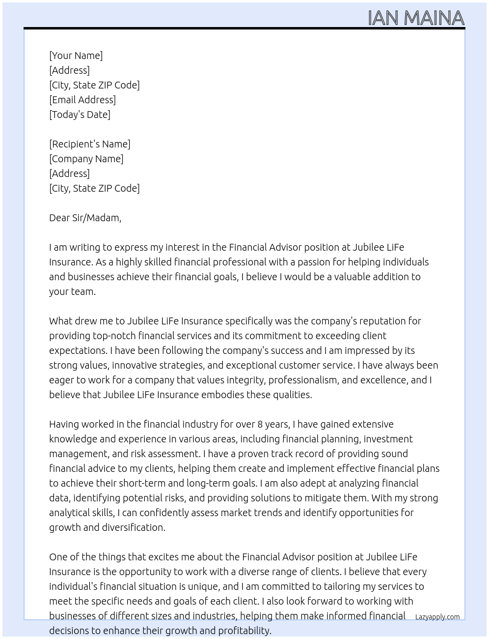 Financial advisor At Jubilee LiFe Insurance Cover Letter