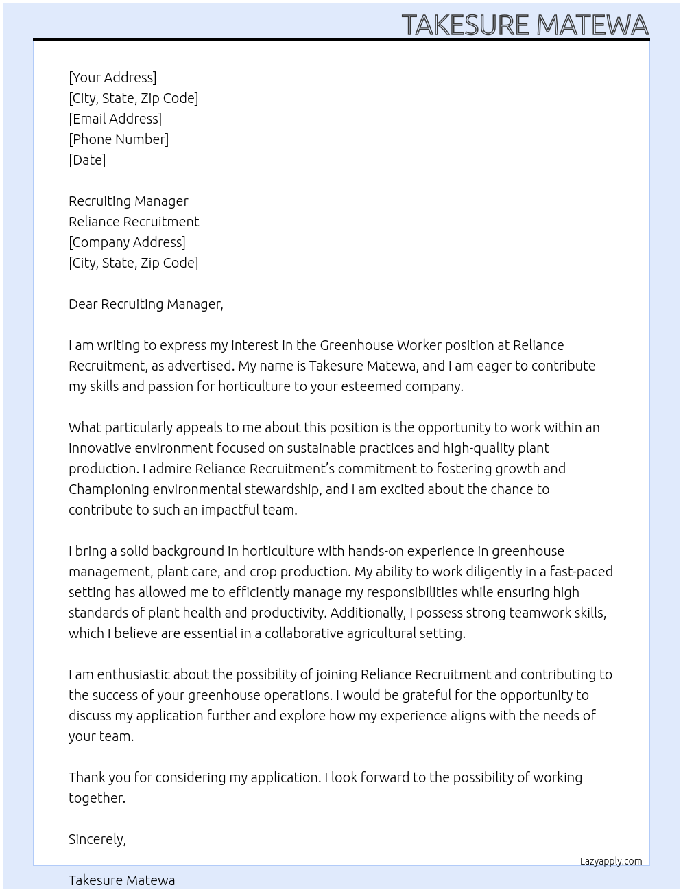 Cover letter for greenhouse worker - LazyApply