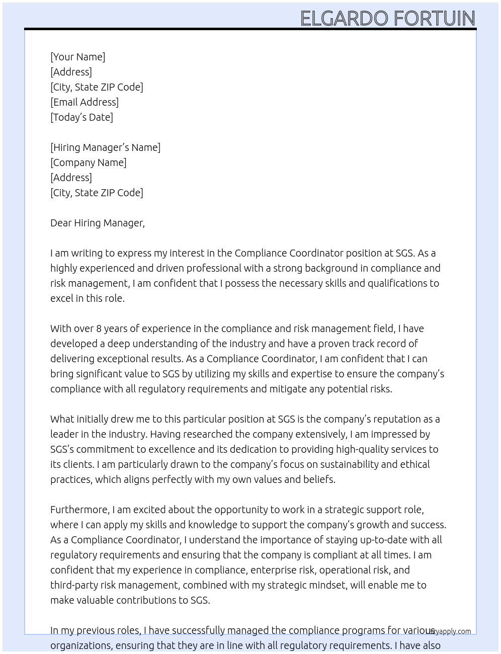 Compliance Coordinator At SGS Cover Letter