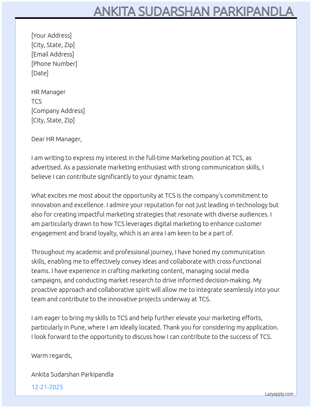 Marketing related position At TCS Cover Letter