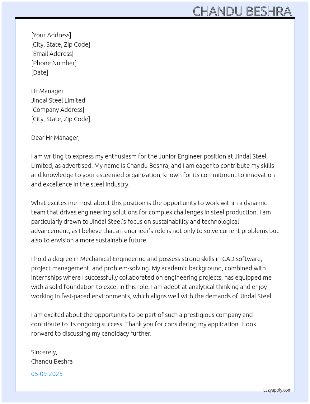 Junior engineer At Jindal Steel limited Cover Letter