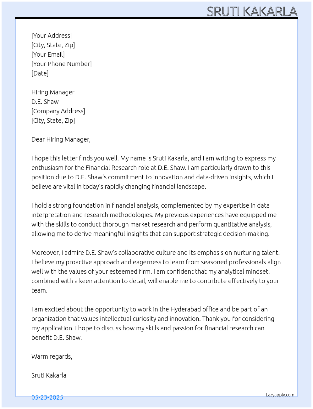 Financial Research Role At D.E Shaw Cover Letter