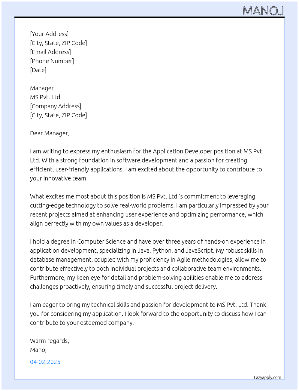 Application Developer At MS Pvt.Ltd Cover Letter