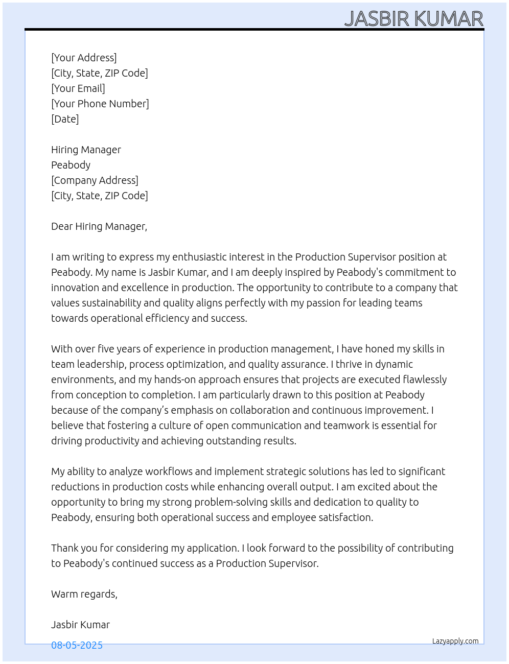 Cover letter for production supervisor - LazyApply