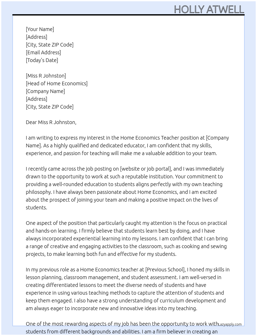 Home Economics Teacher  At Head of Home Economics  Cover Letter
