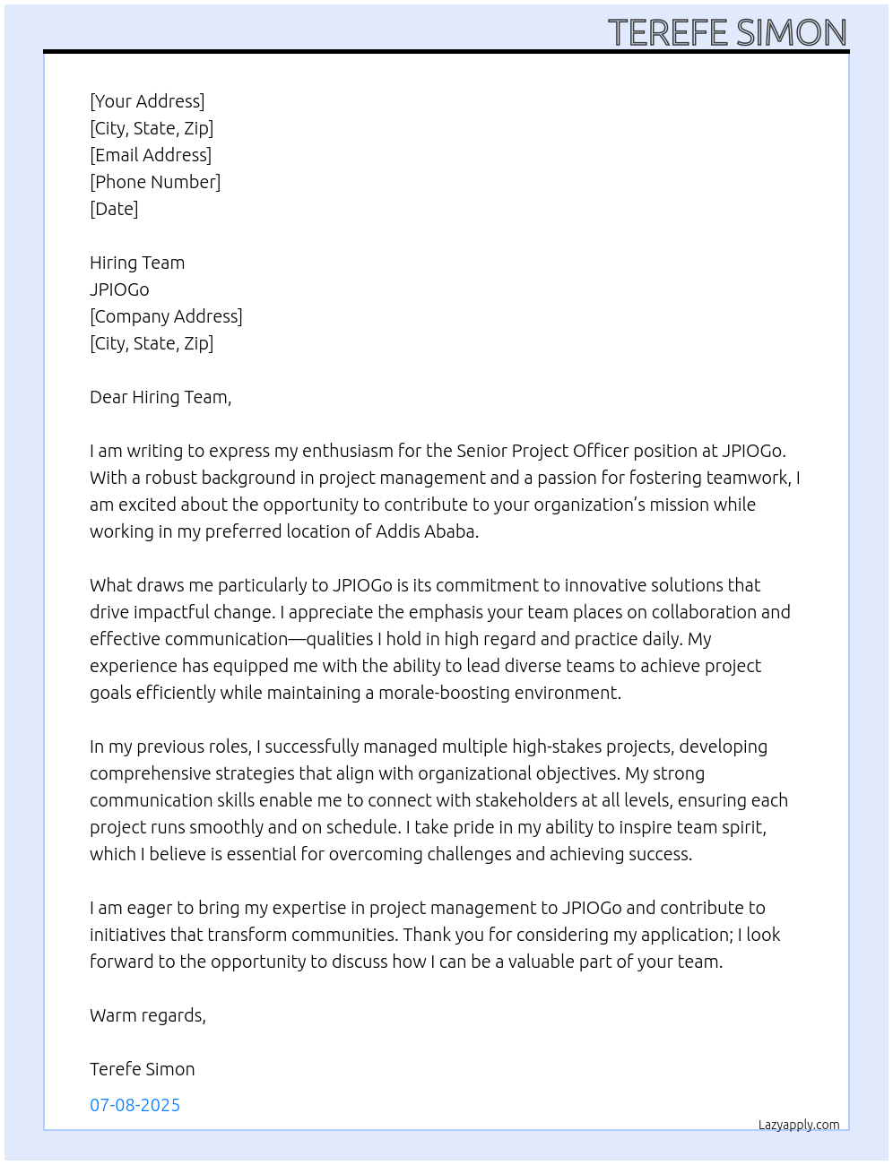 Senior Project Officer At JPIOGo Cover Letter