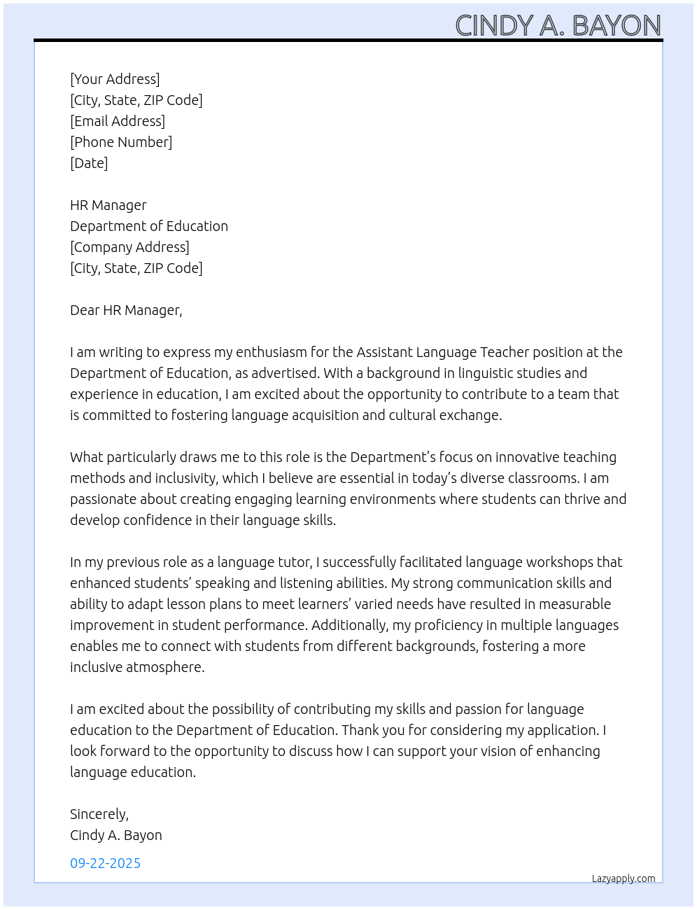 assistant Language teacher At Department of Education Cover Letter