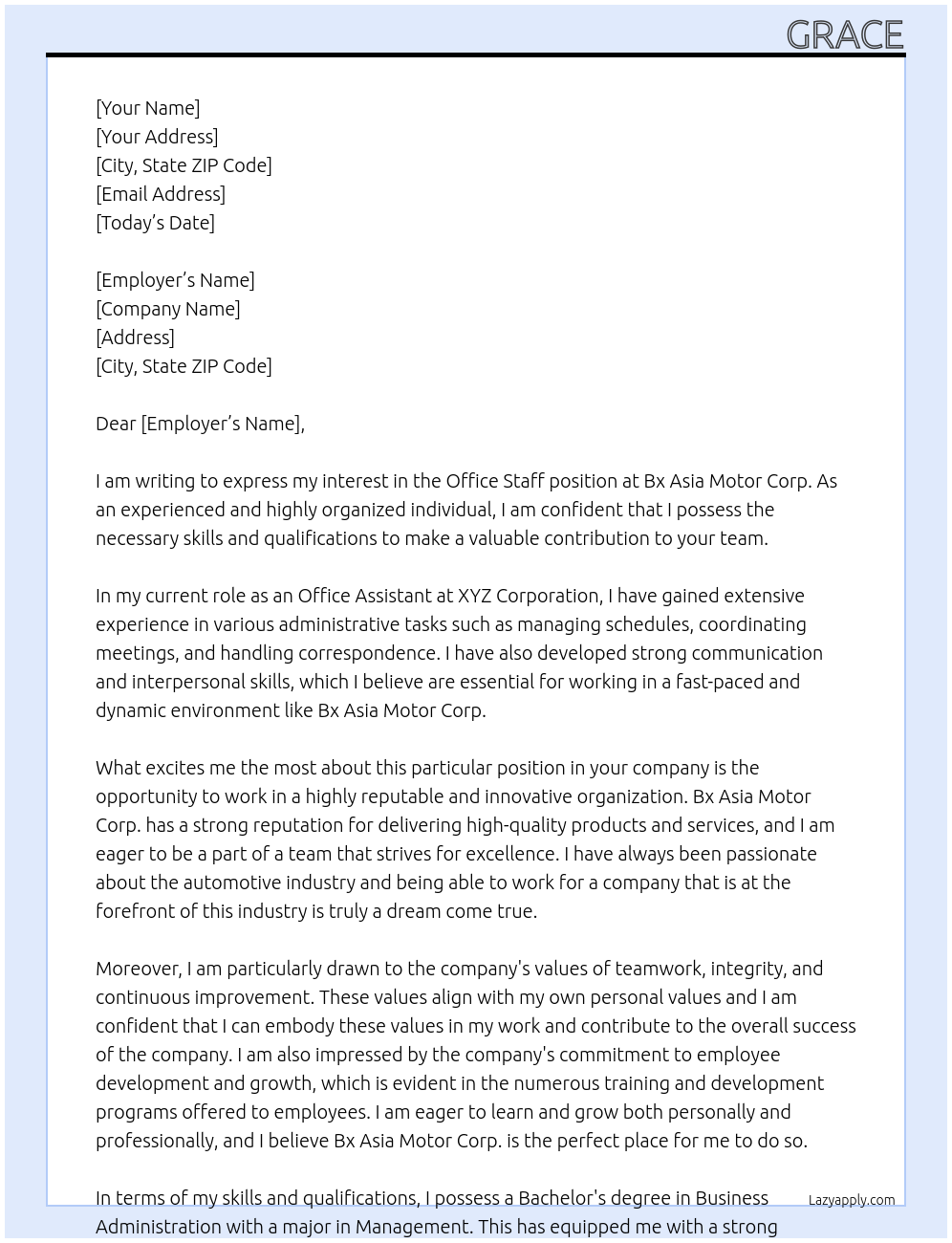 office staff At Bx Asia Motor Corp. Cover Letter