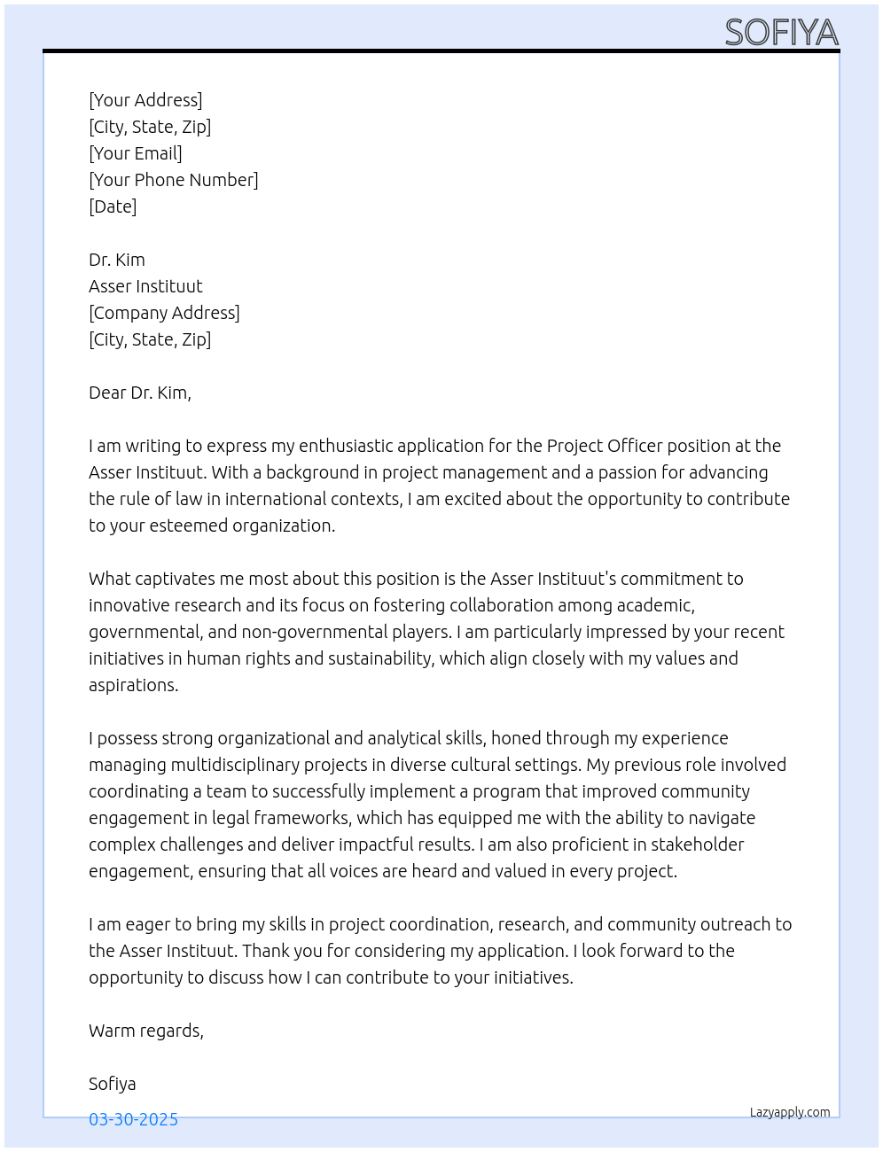 Project Officer At Asser Instituut Cover Letter