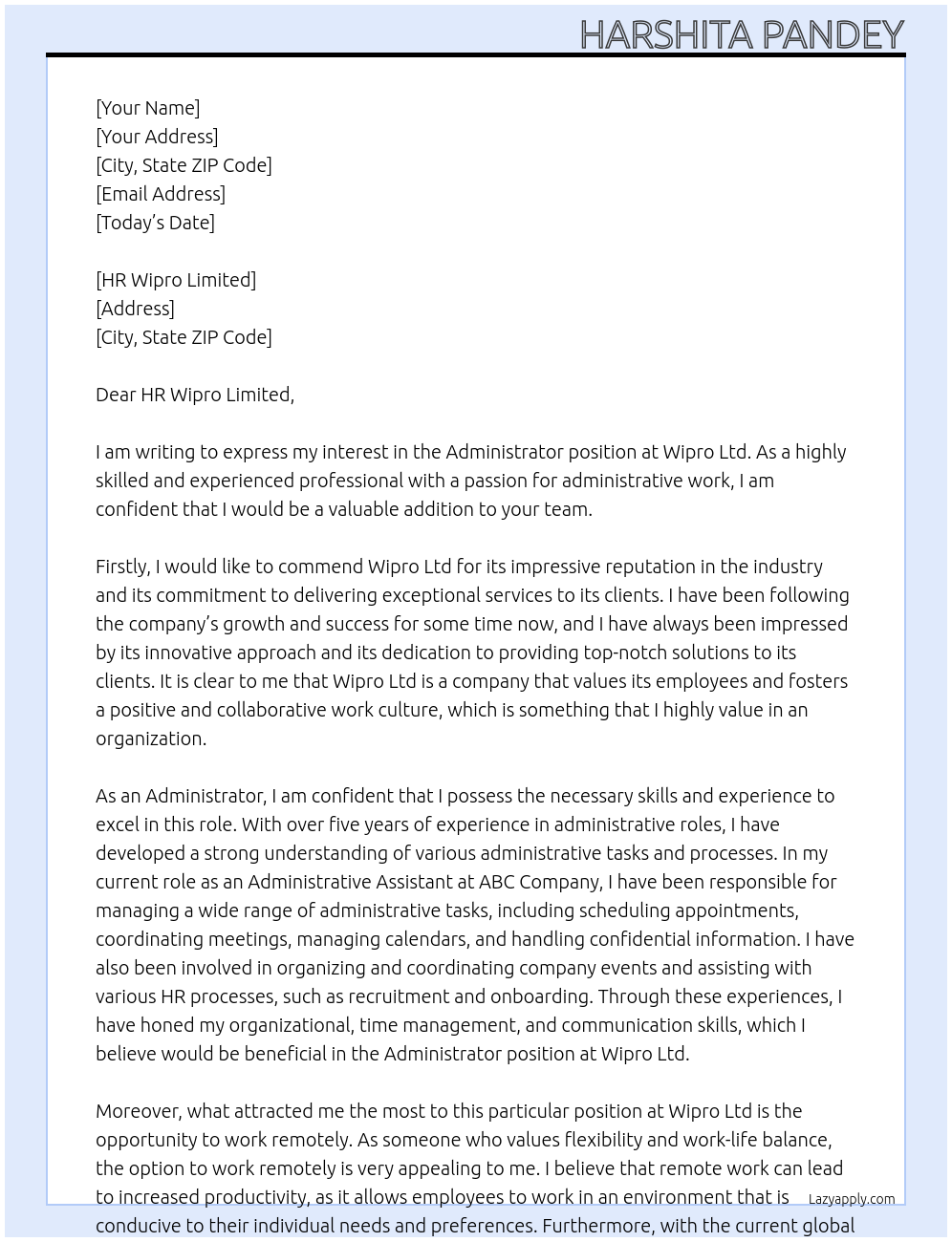 Administrator At Wipro Ltd Cover Letter