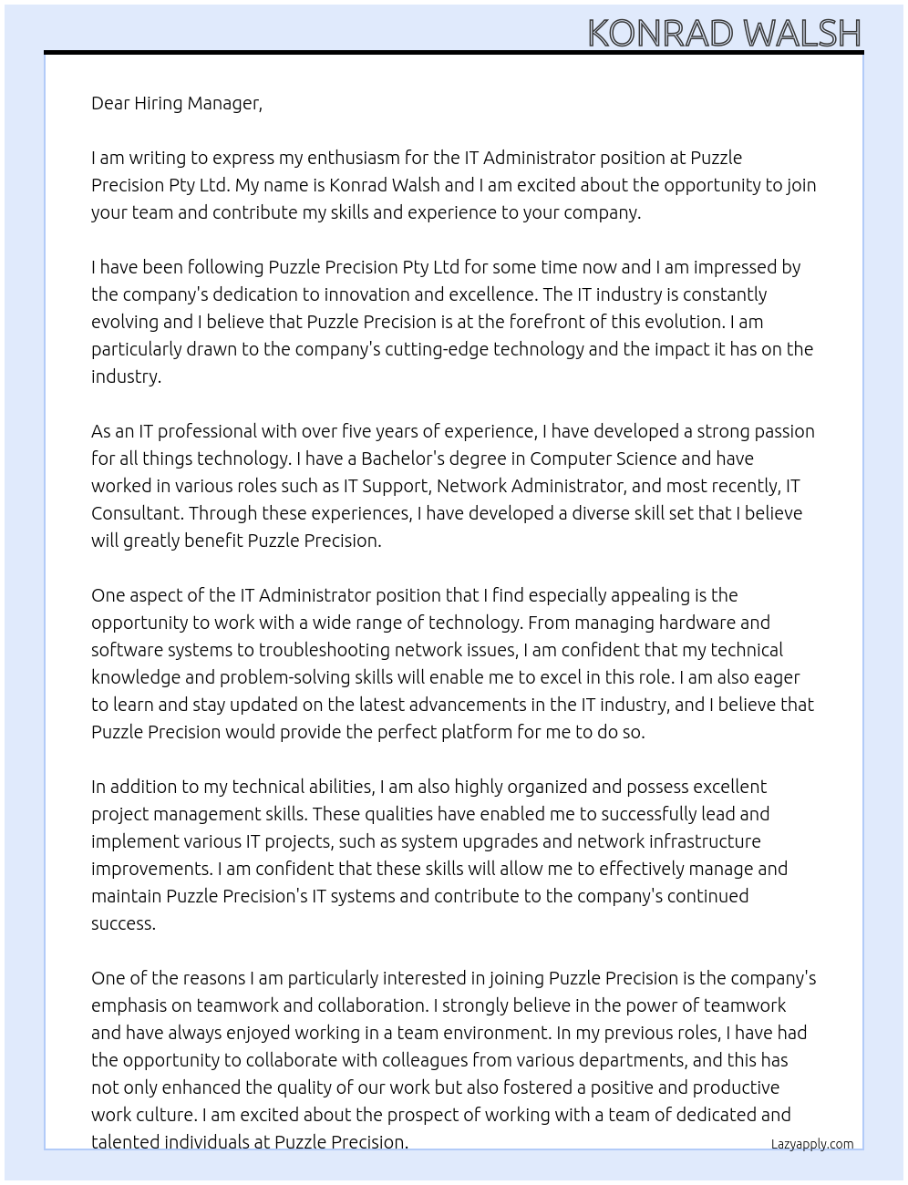 IT Administrator At Puzzle Precision Pty Ltd Cover Letter
