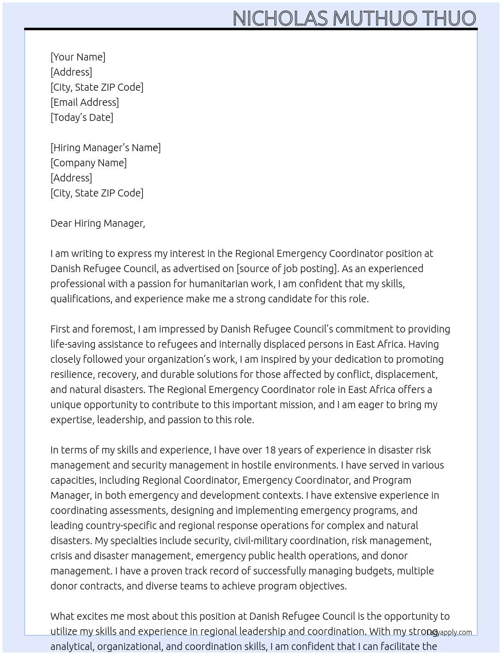 Regional Emergency Coordinator At Danish Refugee Council. Cover Letter