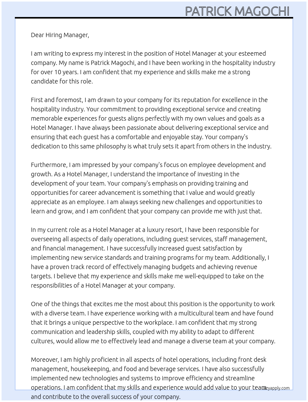 HOTEL MANAGER At N/A Cover Letter