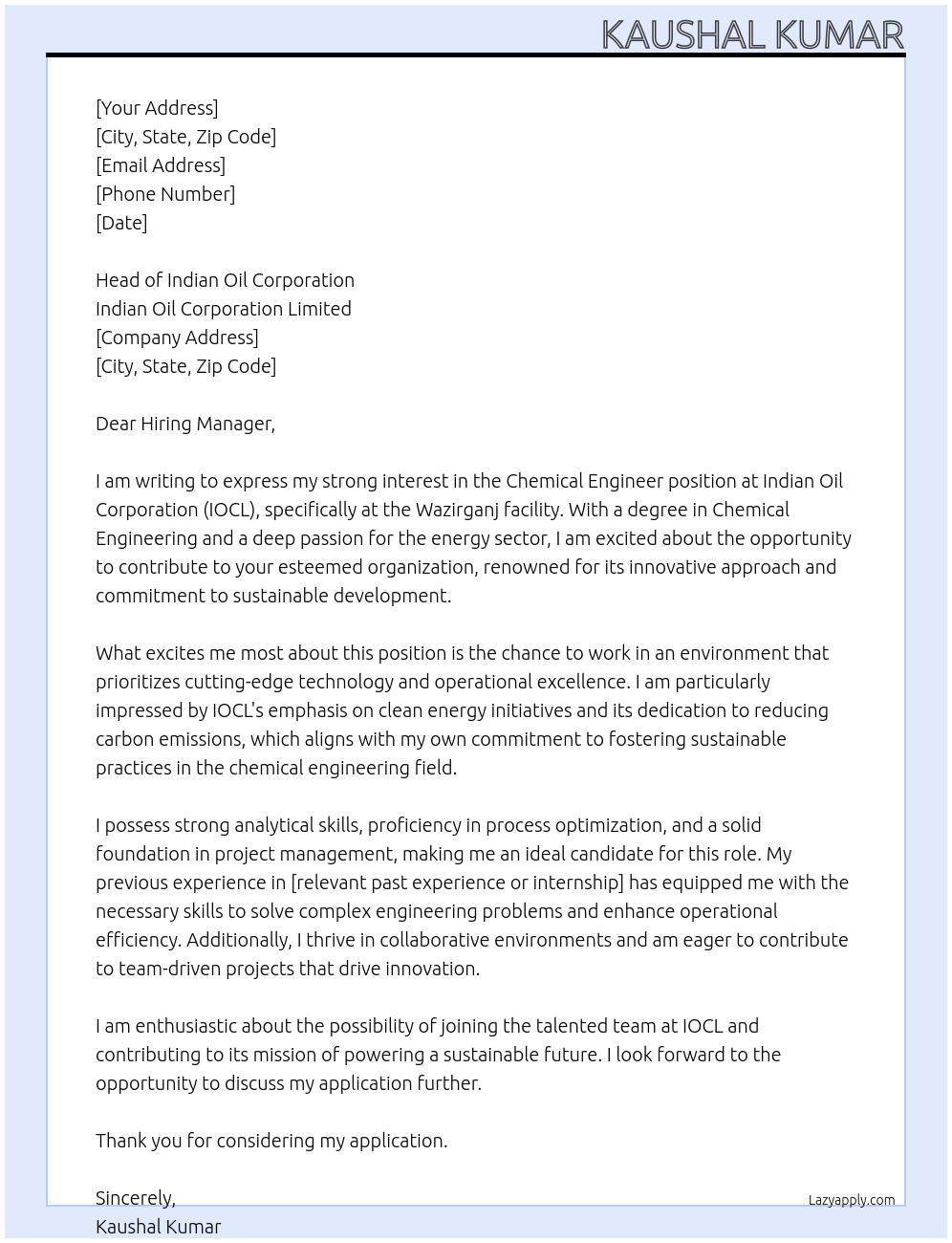 Cover letter for chemical engineer - LazyApply