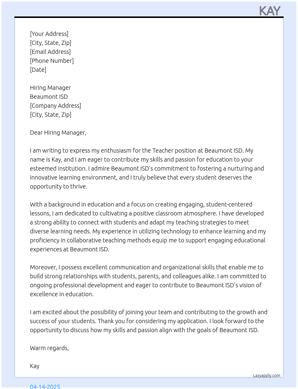 Teacher At Beaumont ISD Cover Letter