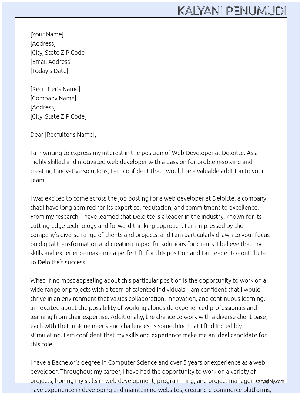 web developer At deloitte Cover Letter