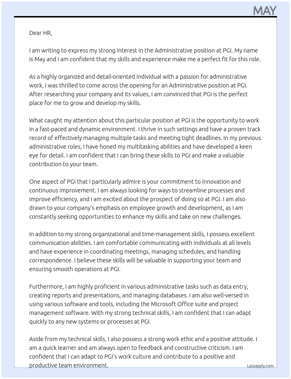 administrative At pgi Cover Letter