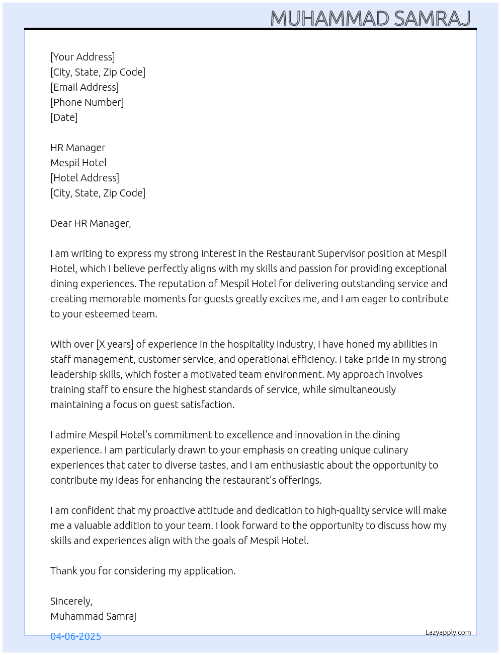 Restaurant Supervisor At Mespil Hotel Cover Letter