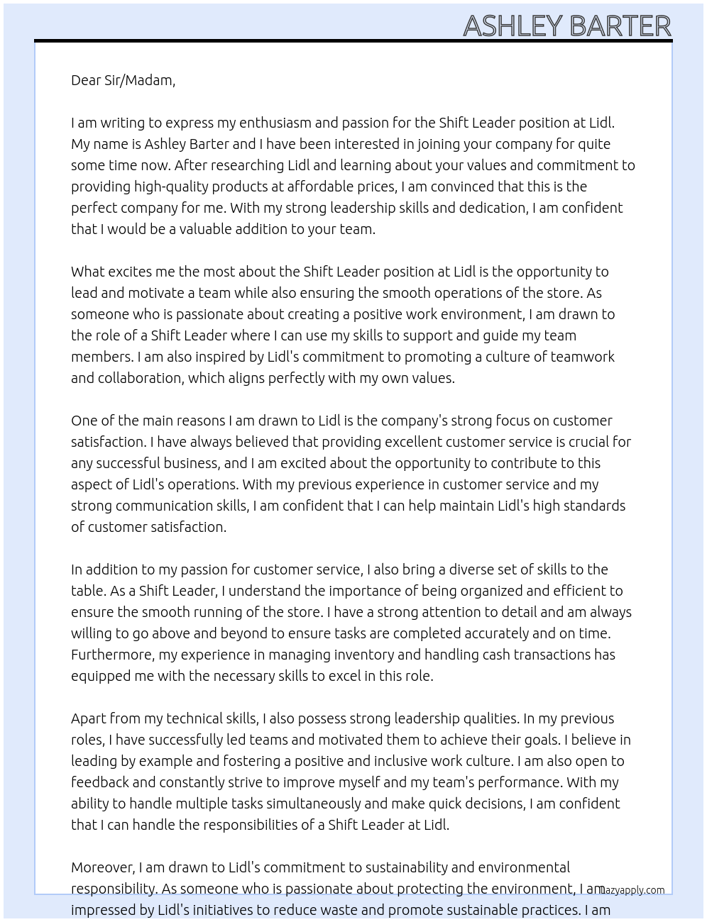 Shift leader At Lidl Cover Letter