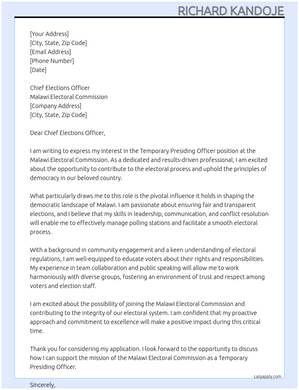Cover letter for temporary presiding officer - LazyApply