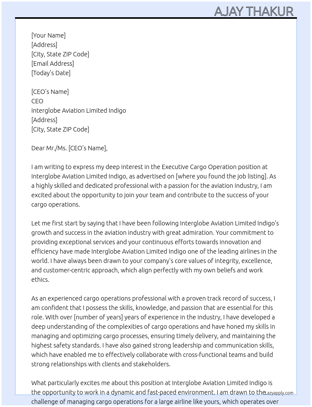 Executive Cargo Operation At Interglobe Aviation limited Indigo Cover Letter