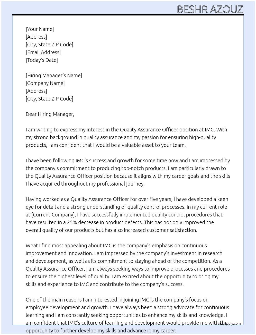 Quality Assurance Officer At IMC Cover Letter