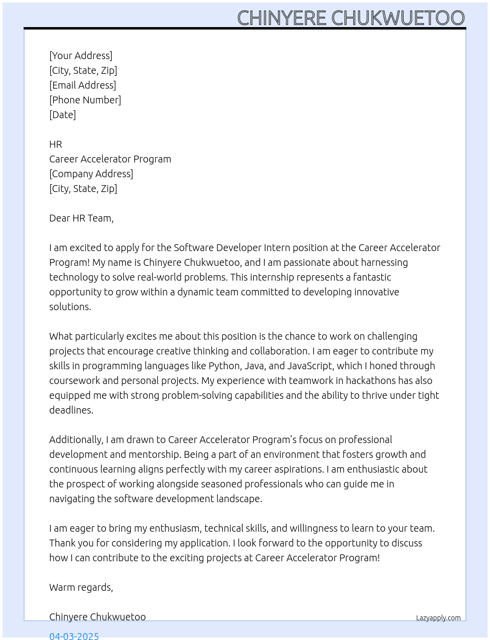 Software developer intern At Career accelerator program Cover Letter