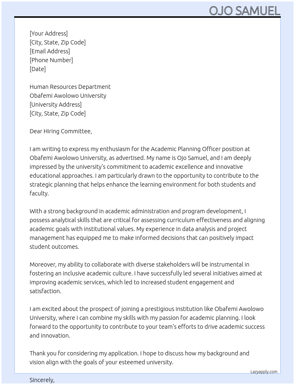 Academic planning officer At Obafemi Awolowo University Cover Letter