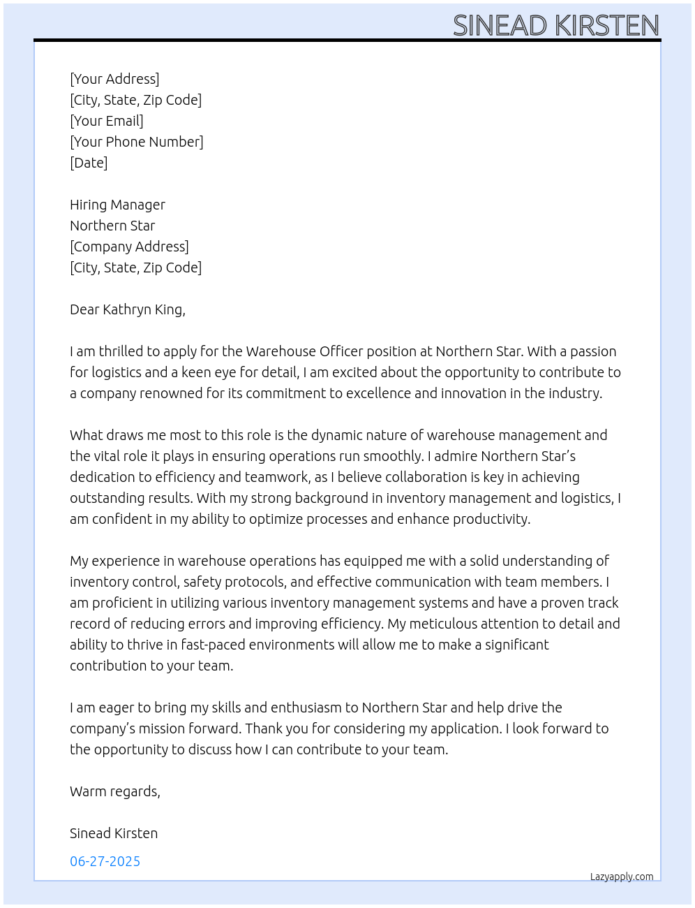 Warehouse Officer At Northern Star Cover Letter