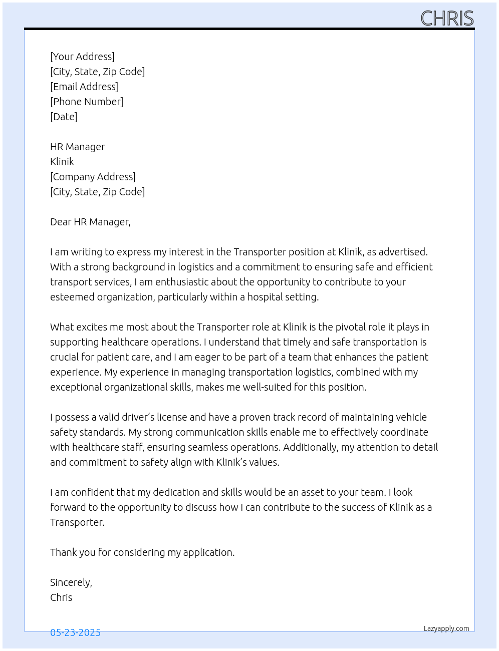Transporter At Klinik Cover Letter