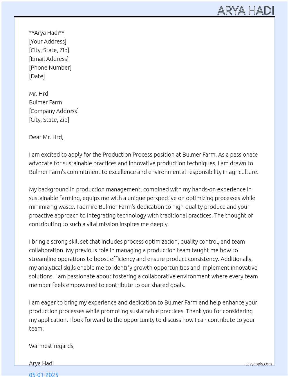 Production process At Bulmer Farm Cover Letter