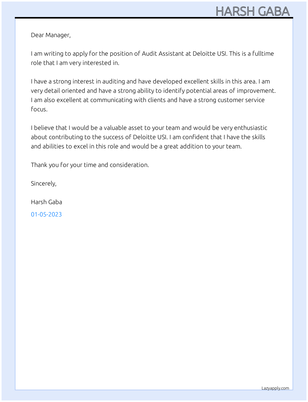 Cover Letter For Deloitte Usi LazyApply